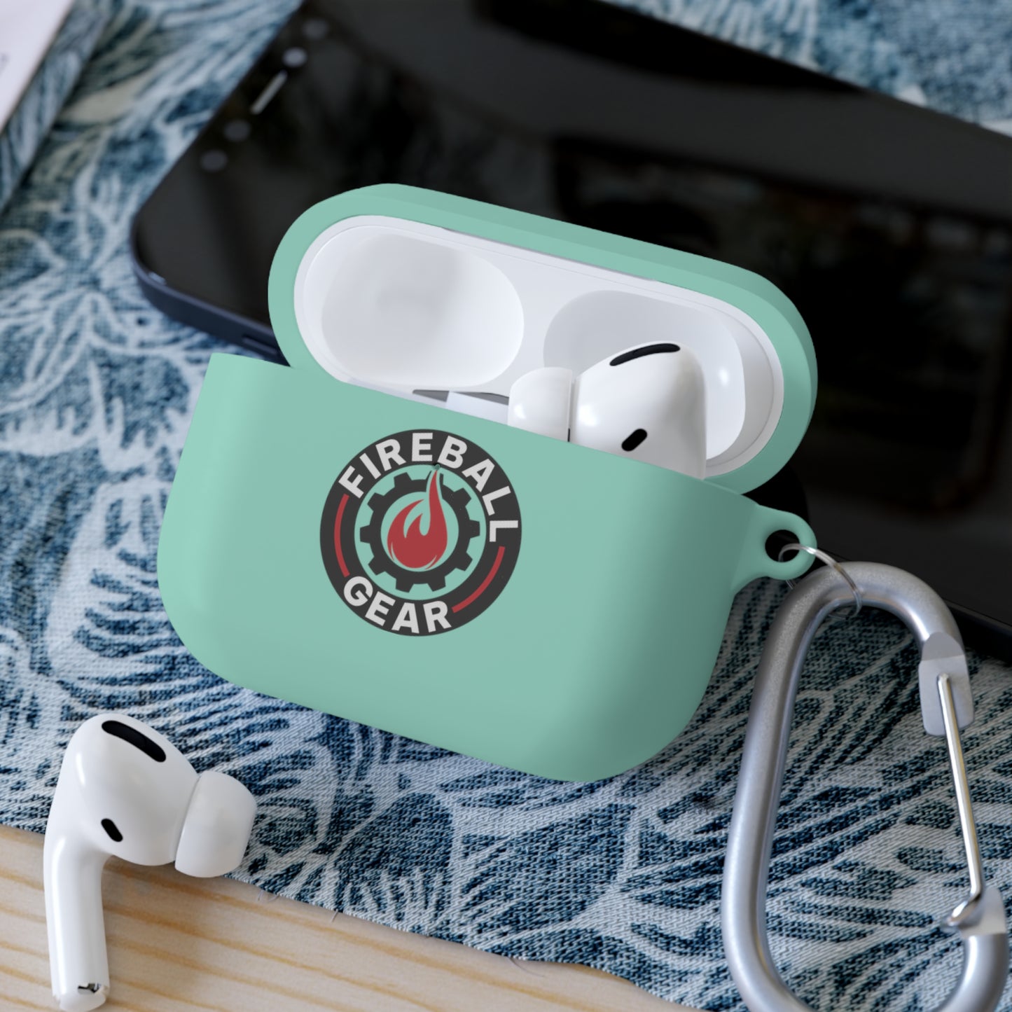 Fireball Gear - Flame & Gear Circle - Black & Red - Upload Own Personal Gym Barcode Image to be Printed on the Back - AirPods Case Cover