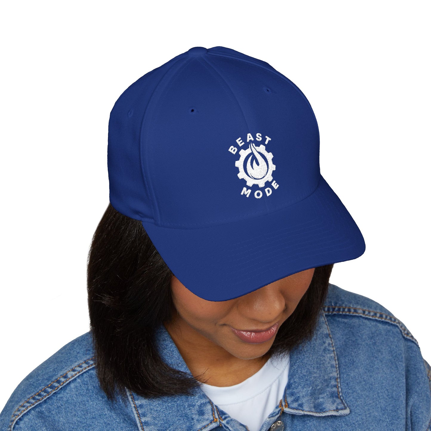 Beast Mode Series - Flame & Gear - White - FlexFit Embroidered Baseball Cap