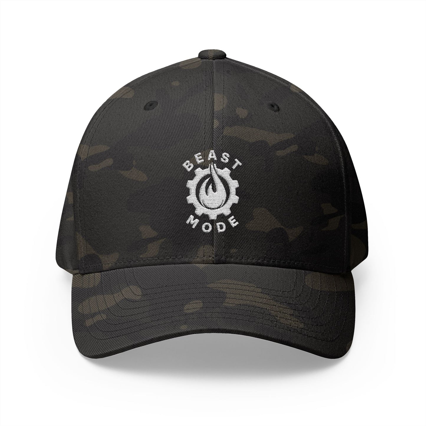 Beast Mode Series - Flame & Gear - White - FlexFit Embroidered Baseball Cap