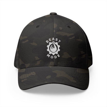 Beast Mode Series - Flame & Gear - White - FlexFit Embroidered Baseball Cap