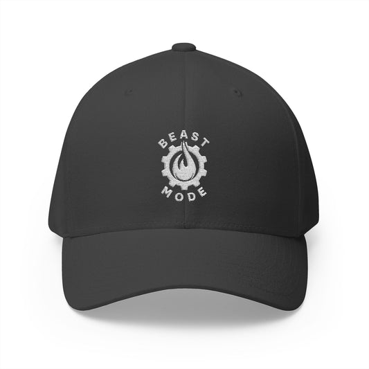 Beast Mode Series - Flame & Gear - White - FlexFit Embroidered Baseball Cap