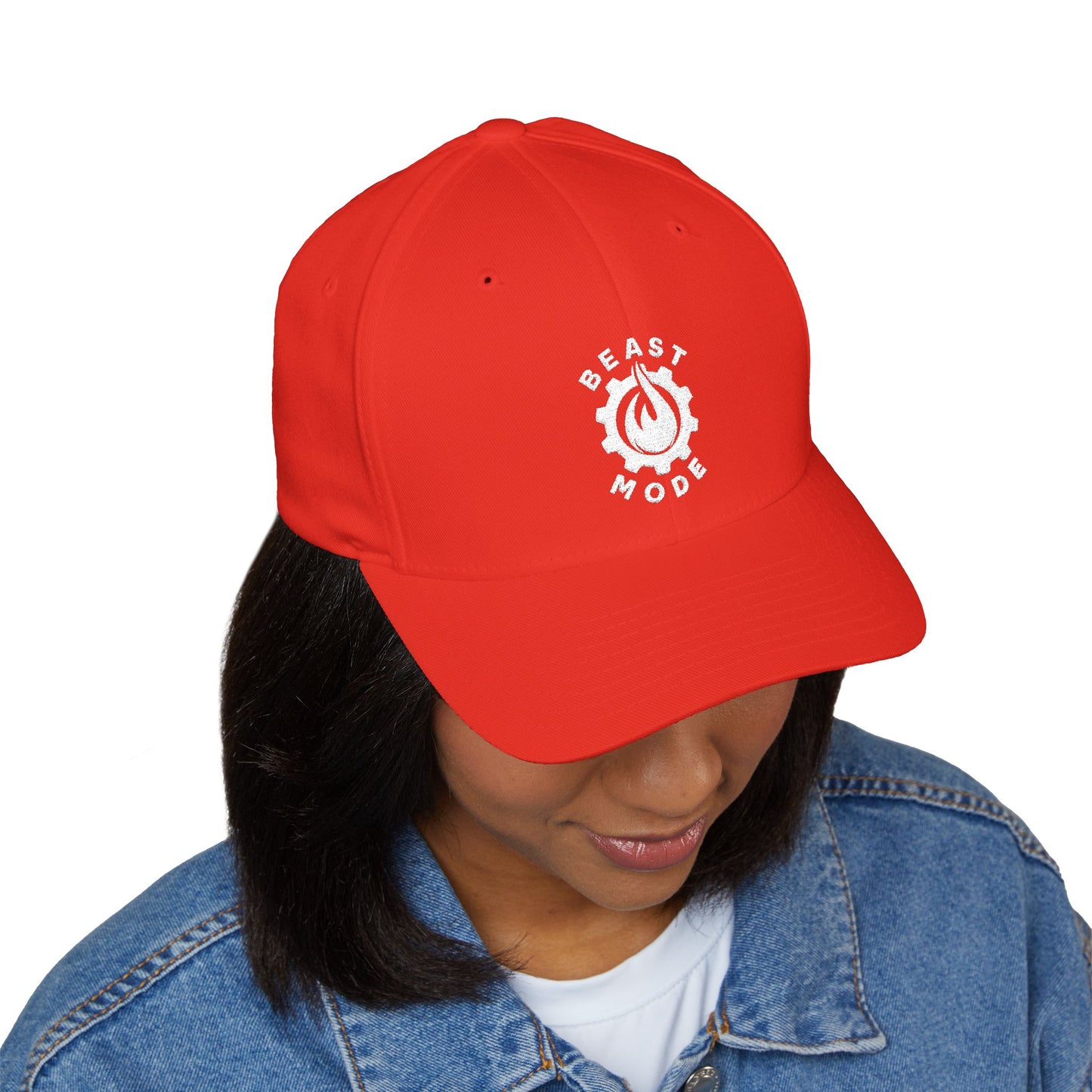 Beast Mode Series - Flame & Gear - White - FlexFit Embroidered Baseball Cap
