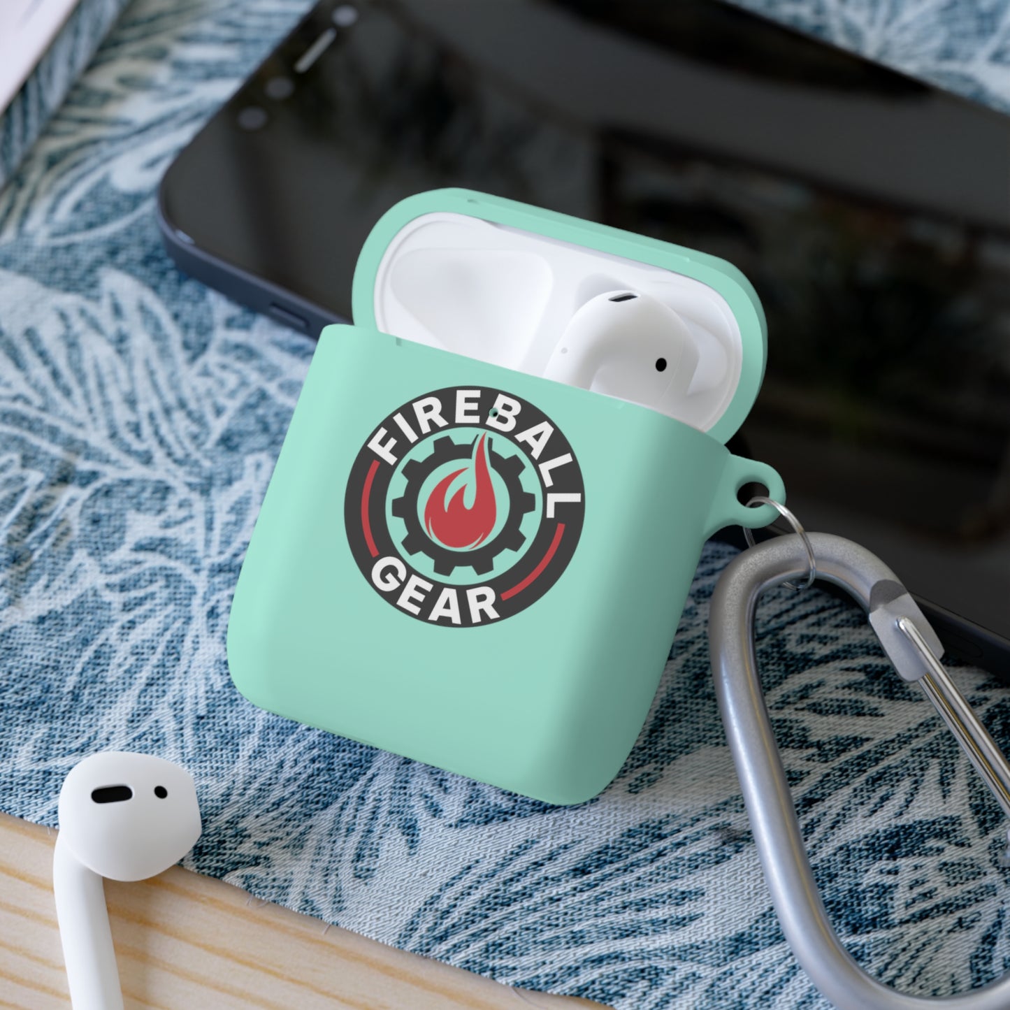 Fireball Gear - Flame & Gear Circle - Black & Red - Upload Own Personal Gym Barcode Image to be Printed on the Back - AirPods Case Cover