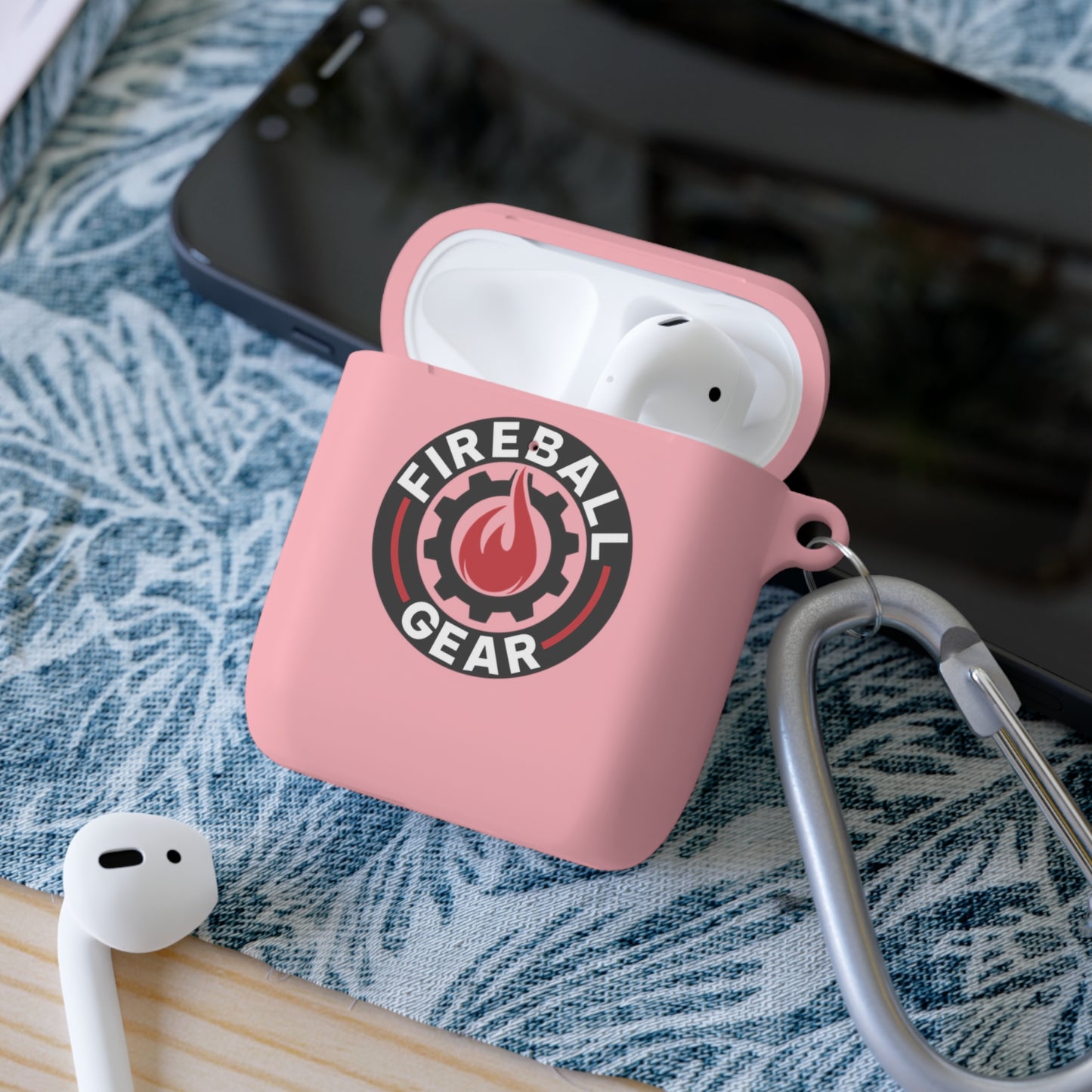 Fireball Gear - Flame & Gear Circle - Black & Red - Upload Own Personal Gym Barcode Image to be Printed on the Back - AirPods Case Cover