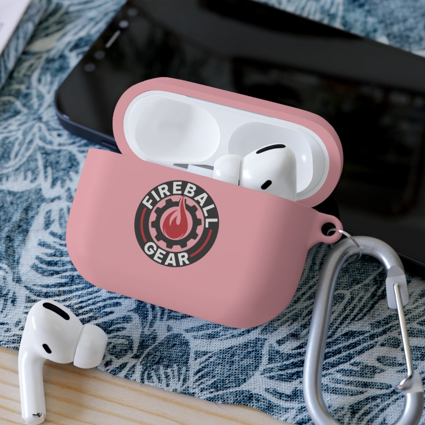 Fireball Gear - Flame & Gear Circle - Black & Red - Upload Own Personal Gym Barcode Image to be Printed on the Back - AirPods Case Cover