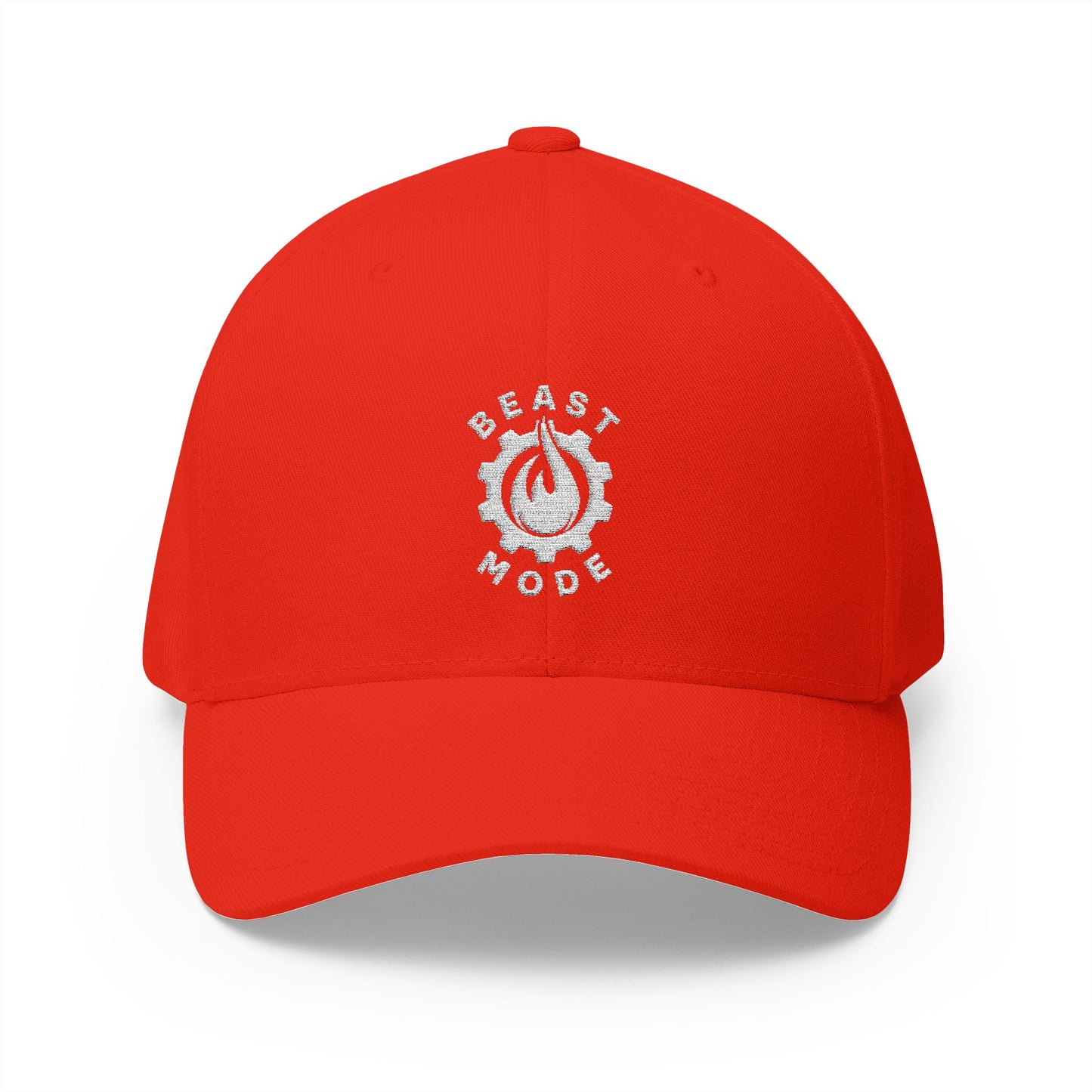 Beast Mode Series - Flame & Gear - White - FlexFit Embroidered Baseball Cap
